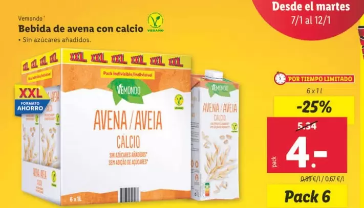 Oferta de Vemondo - Bebida De Avena Con Calcio por 4€ en Lidl