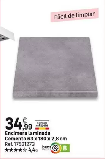 Oferta de España - Encimera Laminada Cemento 63 X 180 X 2.8 Cm por 34,99€ en Leroy Merlin