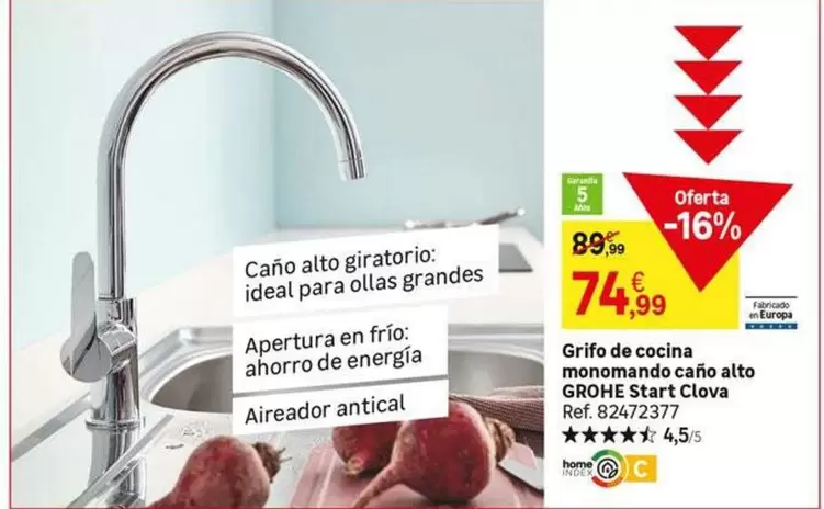 Oferta de Ideal - Grifo De Cocina Monomando Caño Alto por 74,99€ en Leroy Merlin