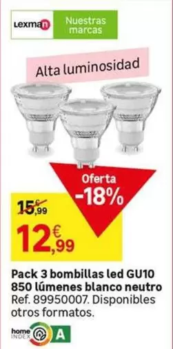 Oferta de Lexman - Pack 3 Bombillas Led Gu10 850 L Umennes Blanco Neutro por 12,99€ en Leroy Merlin