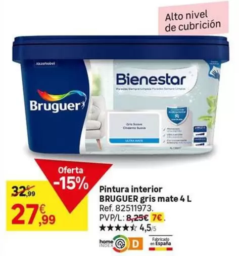 Oferta de Bruguer - Pintura Interior Gris Mate 4 L por 27,99€ en Leroy Merlin