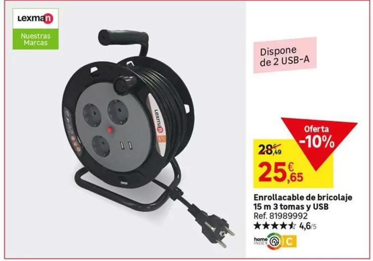 Oferta de Lexman - Enrollacable De Bricolaje 15 M 3 Tomas Y Usb por 25,65€ en Leroy Merlin