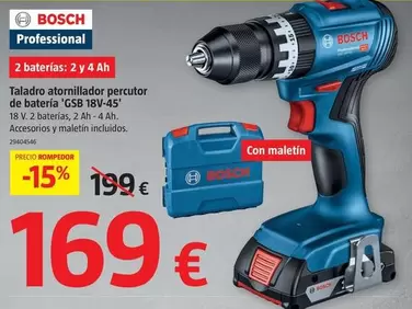 Oferta de Bosch - Taladro Atornillador Perutor De Bateria 'GSB 18V-45' por 169€ en BAUHAUS