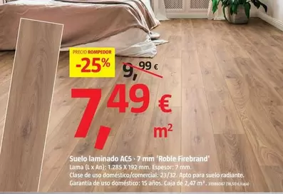 Oferta de Suelo Laminado AC5-7 Mm 'Roble Firebrand' por 7,49€ en BAUHAUS