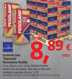 Oferta de Grupo Puma - Cemento Cola 'Pegoland' Porcelanico Flexible por 8,89€ en BAUHAUS