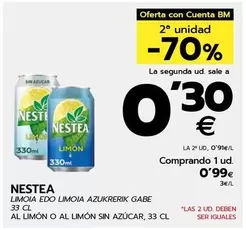 Oferta de Nestea - Limón O Al Limón Sin Azúcar, 33 Cl por 0,99€ en BM Supermercados