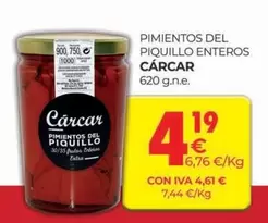 Oferta de Cárcar - Pimientos Del Piquillo Enteros por 4,19€ en CashDiplo