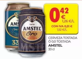 Oferta de Amstel - Cerveza Tostada 0,0 Tostada por 0,42€ en CashDiplo