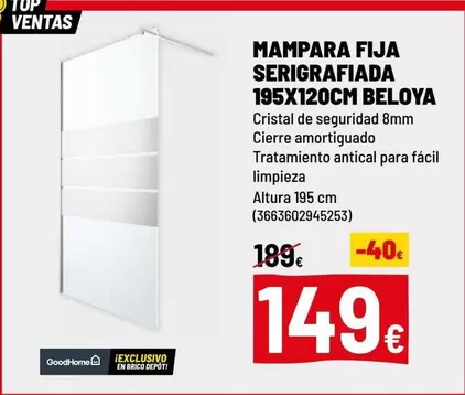 Oferta de Brico - Mampara Fija Seriegrafiada 195X120CM por 149€ en Brico Depôt