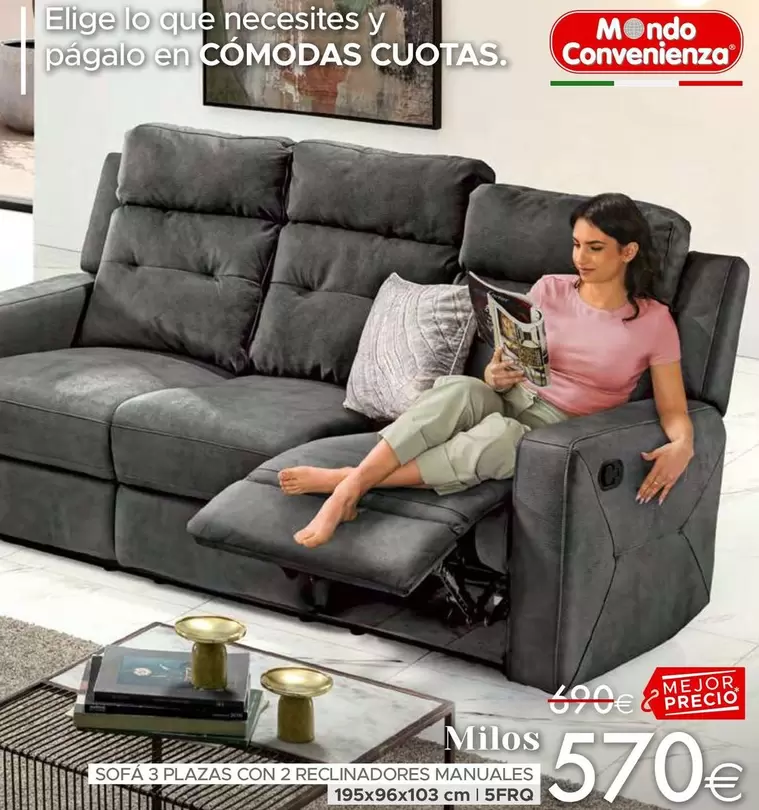 Oferta de Milos/ Sofa 3 Plazas Con 2 Reclinadores Manuales por 570€ en Mondo Convenienza