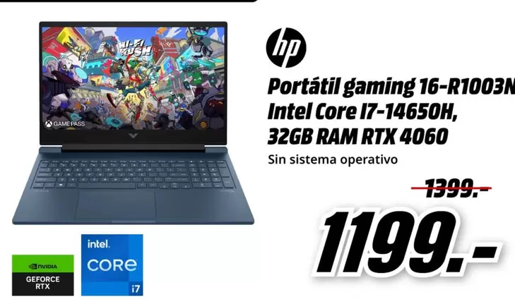 Oferta de Nvidia - Portatil Gaming 16-r1003n Intel Core 17-14650h, 32gb Ram Rtx 4060 por 1199€ en MediaMarkt