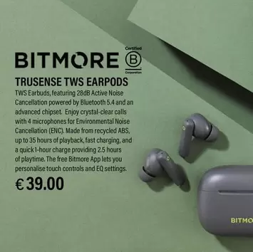 Oferta de Bitmore - Trusense Tws Earpods por 39€ en Ryanair