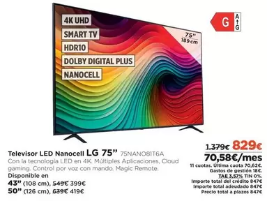 Oferta de LG - Televisor Led Nanocell 75" 75nano81t6a por 829€ en El Corte Inglés