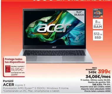 Oferta de Acer - Portátil por 399€ en El Corte Inglés