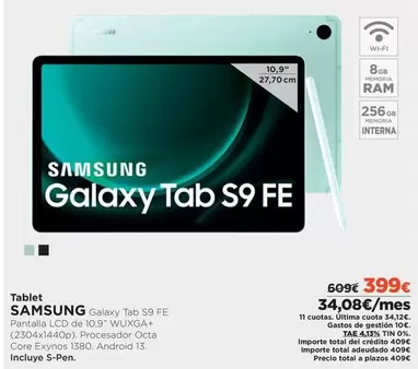 Oferta de Ram - Tablet Galaxy Tab S9 Fe por 399€ en El Corte Inglés