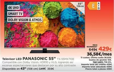 Oferta de Panasonic - Televisor Led 55" TX-55MX710E por 429€ en El Corte Inglés