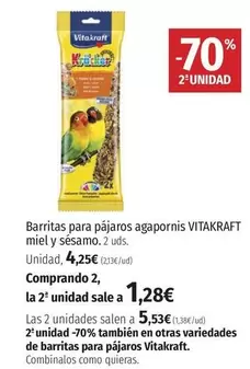 Oferta de Vitakraft - Barritas Para Pláros Agapornis Miel Y Sésamo por 4,25€ en El Corte Inglés