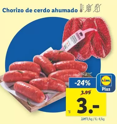 Oferta de Chorizo De Cerdo Ahumado por 3€ en Lidl