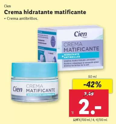 Oferta de Cien - Crema Hidratante Matificante por 2€ en Lidl