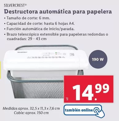 Oferta de SilverCrest - Destructora Automatica Para Papelera por 14,99€ en Lidl