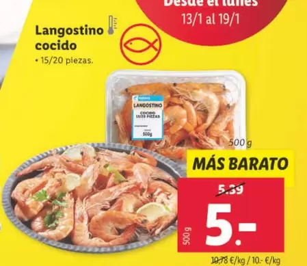 Oferta de Langostino Cocido por 5€ en Lidl