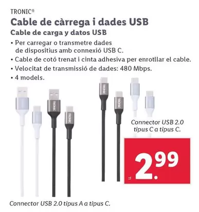 Oferta de Tronic - Cable De Carga I Dades Usb por 2,99€ en Lidl