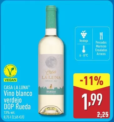 Oferta de Casa La Luna - Vino Blanco Verdejo DOP Rueda por 1,99€ en ALDI