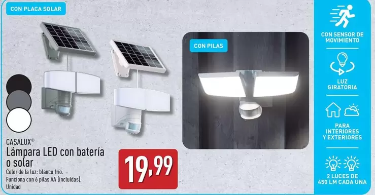 Oferta de Casalux - Lámpara LED Con Batería O Solar  por 19,99€ en ALDI