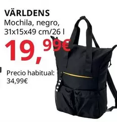 Oferta de Varldens - Mochila, Negro, 31x15x49 Cm/26 L por 19,99€ en IKEA