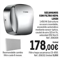 Oferta de Losdi - Secamanos Con Filtro Hepa por 178€ en Makro