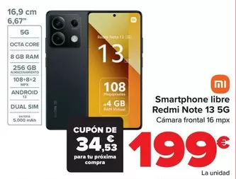 Oferta de Xiaomi - Smartphone Libre  Redmi Note 13 5g por 199€ en Carrefour