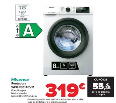 Oferta de Hisense - Lavadora Wfqp8014evm por 319€ en Carrefour