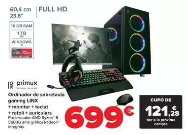 Oferta de Primux - Ordenador Sobremesa Gaming LINX + Monitor + Teclado + Ratón + Auricular por 699€ en Carrefour