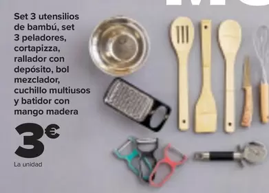 Oferta de Set 3 Utensilios De Bambu, Set 3 Peladores Cortapizza, Rallador Con Deposito, Bol Mezclador, Cuchillo Multiusos Y Batidor Con Mango Madera por 3€ en Carrefour