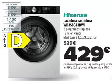 Oferta de Hisense - Lavadora-Secadora Wd3s8043bw1 por 429€ en Carrefour