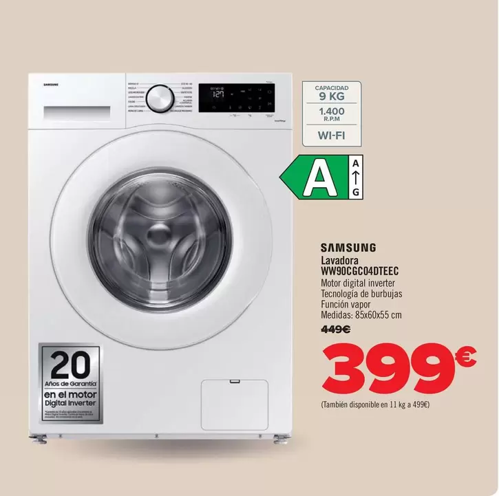 Oferta de Samsung - Lavadora WW90CGC04DTEEC por 399€ en Carrefour