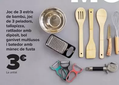 Oferta de Set 3 Utensilios De Bambu, Set 3 Peladores Cortapizza, Rallador Con Deposito, Bol Mezclador, Cuchillo Multiusos Y Batidor Con Mango Madera por 3€ en Carrefour