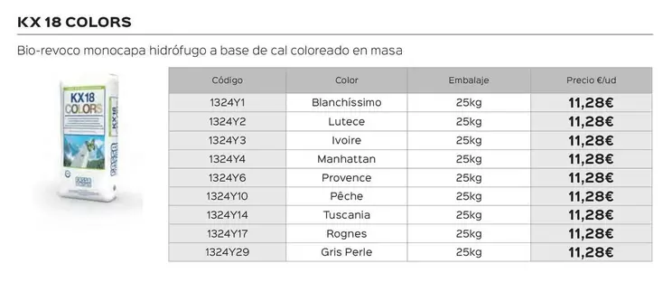 Oferta de Kx 18 Colors/ Bio Revoco Monocapa Hidrofugo A Base De Cal Coloreado En Masa por 11,28€ en Isolana
