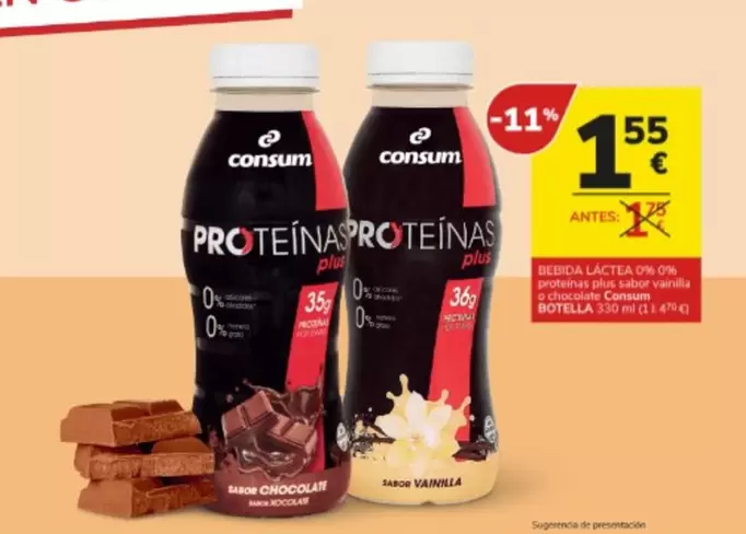 Oferta de Consum - Bebida Lactea 0% 0% Proteinas Plus Sabor Vainilla O Chocolate por 1,55€ en Consum