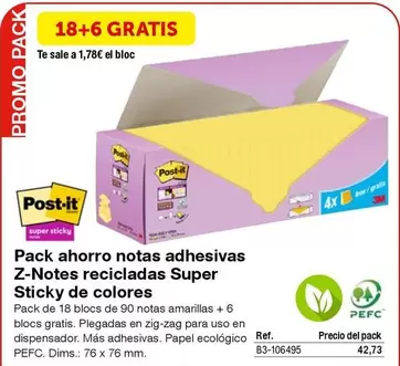 Oferta de Post-it - Pack Ahorro Notas Adhesivas Z-notes Recicladas Super Sticky De Colores en Staples Kalamazoo