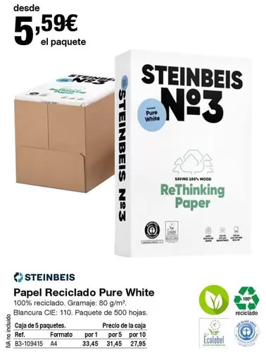 Oferta de White - Papel Reciclado Pure por 5,59€ en Staples Kalamazoo