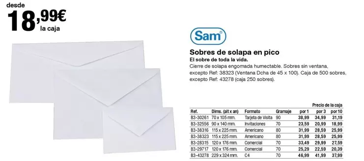 Oferta de Sam - Sobres De Solapa En Pico por 18,99€ en Staples Kalamazoo