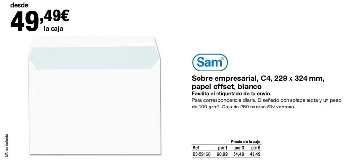 Oferta de Sam - Sobre Empresalizat, C4.229 X 324 Mm, Papel Offset, Blanco por 49,49€ en Staples Kalamazoo