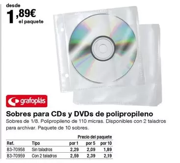 Oferta de Grafoplas - Sobres Para Cds Y Dvds De Polipropileno por 1,89€ en Staples Kalamazoo