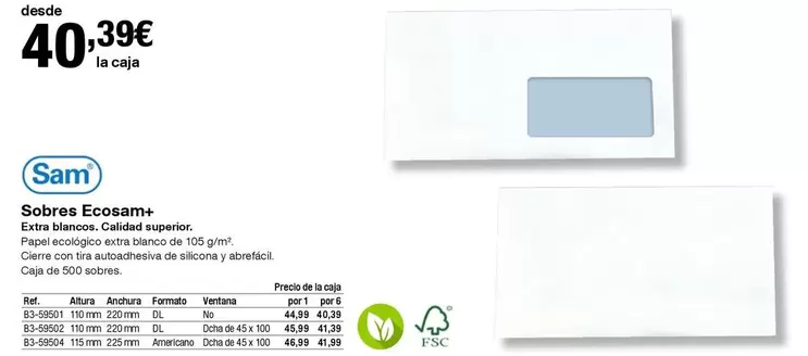 Oferta de Blanco - Sobres Ecosam+ por 40,39€ en Staples Kalamazoo
