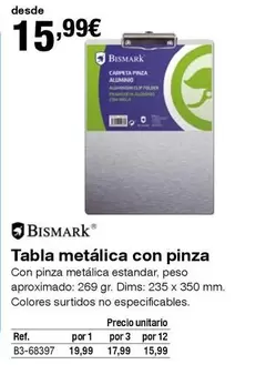Oferta de Bismark - Tabla Metalica Con Pinza por 15,99€ en Staples Kalamazoo