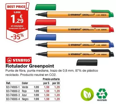 Oferta de Stabilo - Rotulador Greenpoint por 1,29€ en Staples Kalamazoo