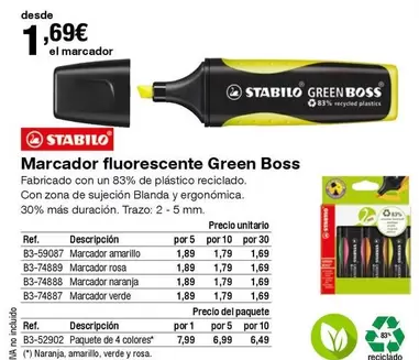 Oferta de Stabilo - Marcador Fluorescente Green Boss por 1,69€ en Staples Kalamazoo