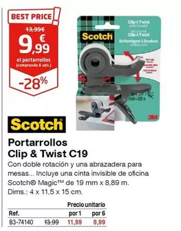 Oferta de Scotch - Portarrollos Clip & Twist C19 por 9,99€ en Staples Kalamazoo