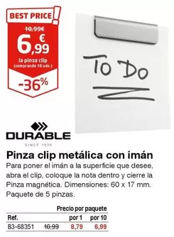 Oferta de Durable - Pinza Clip Metalica Con Iman por 6,99€ en Staples Kalamazoo